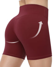 Load image into Gallery viewer, Runhit No Front Seam Biker Shorts for Women - 5'' High Waisted Workout Gym Yoga Athletic Compression Spandex Shorts with Tummy Control Wine Red Medium
