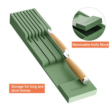 Load image into Gallery viewer, TIOPGHAD Bamboo-Silverware-Drawer-Organizer-Kitchen, Expandable Utensil Holder Cutlery Tray Flatware Organization Adjustable Wood Tableware Dividers Storage (with Removable Knife Block)(Grayish Green)