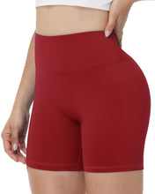 Load image into Gallery viewer, Runhit No Front Seam Biker Shorts for Women - 5'' High Waisted Workout Gym Yoga Athletic Compression Spandex Shorts with Tummy Control Red Medium