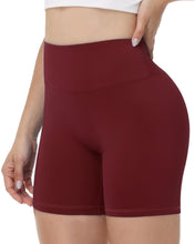 Load image into Gallery viewer, Runhit No Front Seam Biker Shorts for Women - 5'' High Waisted Workout Gym Yoga Athletic Compression Spandex Shorts with Tummy Control Wine Red Medium