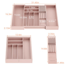 Load image into Gallery viewer, TIOPGHAD Bamboo-Silverware-Drawer-Organizer-Kitchen, Expandable Utensil Holder Cutlery Tray Flatware Organization Adjustable Wood Tableware Dividers Storage (with Removable Knife Block)(Grey Pink)