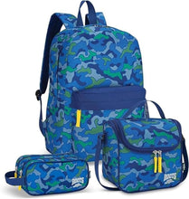 Load image into Gallery viewer, Roots Essential 3-in-1 Matching Water Resistant Kids Backpack and Lunch Bag Set with Bonus Pencil Case - Made from 100% Recycled Fabrics -22.5 litres, Blue Green Camo