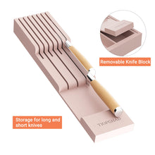Load image into Gallery viewer, TIOPGHAD Bamboo-Silverware-Drawer-Organizer-Kitchen, Expandable Utensil Holder Cutlery Tray Flatware Organization Adjustable Wood Tableware Dividers Storage (with Removable Knife Block)(Grey Pink)