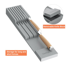 Load image into Gallery viewer, TIOPGHAD Bamboo-Silverware-Drawer-Organizer-Kitchen, Expandable Utensil Holder Cutlery Tray Flatware Organization Adjustable Wood Tableware Dividers Storage (with Removable Knife Block)(Grey)