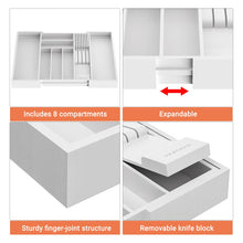 Load image into Gallery viewer, TIOPGHAD Bamboo-Silverware-Drawer-Organizer-Kitchen, Expandable Utensil Holder Cutlery Tray Flatware Organization Adjustable Wood Tableware Dividers Storage (with Removable Knife Block)(White)