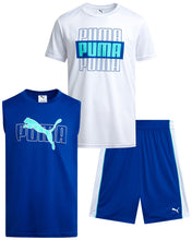 Load image into Gallery viewer, PUMA Boys Active Shorts Set - 3 Piece Performance T-Shirt, Dry Fit Tank Top, and Gym Shorts - Activewear Set for Boys (4-16), Size 8, White/Blue