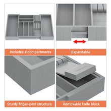 Load image into Gallery viewer, TIOPGHAD Bamboo-Silverware-Drawer-Organizer-Kitchen, Expandable Utensil Holder Cutlery Tray Flatware Organization Adjustable Wood Tableware Dividers Storage (with Removable Knife Block)(Grey)