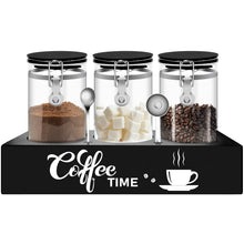 Load image into Gallery viewer, OARSE 3 PCS Glass Coffee Container with Wooden Shelf,3 x 54 oz Glass Coffee Bean Storage Container with Airtight Locking Clamp Lid Spoons Coffee Canister Set,Jars for Coffee Beans,Nuts,Tea,Sugar