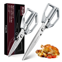 Load image into Gallery viewer, HUUSK Kitchen Scissors Set Silver - Upgraded Stainless Steel Kitchen Shear, Sharp Meat Scissors Dishwasher Safe, Heavy Duty Poultry Shears, Japanese Cooking Scissor for Food, Chicken Bones, and Turkey