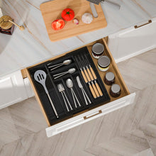Load image into Gallery viewer, TIOPGHAD Bamboo-Silverware-Drawer-Organizer-Kitchen, Expandable Utensil Holder Cutlery Tray Flatware Organization Adjustable Wood Tableware Dividers Storage (with Removable Knife Block)(Black)
