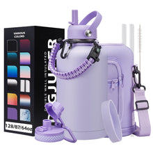 Load image into Gallery viewer, Half Gallon Water Bottle Insulated - 64 oz Water Bottle with Carrying Sleeve, Paracord Handle, Straw Spout Lid, Leak-proof Metal Hydro Water Jug for Workout Sport Hiking Gym, Purple Big Flask Thermo