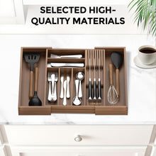 Load image into Gallery viewer, TIOPGHAD Bamboo-Silverware-Drawer-Organizer-Kitchen, Expandable Utensil Holder Cutlery Tray Flatware Organization Adjustable Wood Tableware Dividers Storage (with Removable Knife Block)(Brown)