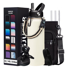 Load image into Gallery viewer, DIGJUPER 40oz Insulated Water Bottle - w/Straw Spout Lid, Bottle Holder with Strap, Paracord Handle, Protective Bottom Boot, Stainless Steel Metal Thermo Jug Flask Cold 48h & Hot 24h, Cream White