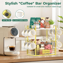 Load image into Gallery viewer, EsLuker.ly Coffee Bar Station Organizer Mug Cup Holder Stand for Countertop, Multi-Functional 2 Tier Mug Tree Rack for Kitchen, Storage Shelf with 12 Hooks, White-Gold