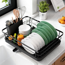 Load image into Gallery viewer, Kitsure Dish Drying Rack for Kitchen Counter, Stainless Steel Sink Organization and Storage Essentials with Cutlery Holder, Home and Appartment Decor, 12''W x 15.5''L, Black