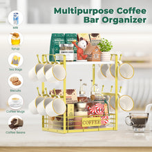 Load image into Gallery viewer, EsLuker.ly Coffee Bar Station Organizer Mug Cup Holder Stand for Countertop, Multi-Functional 2 Tier Mug Tree Rack for Kitchen, Storage Shelf with 12 Hooks, White-Gold