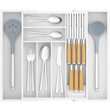 Load image into Gallery viewer, TIOPGHAD Bamboo-Silverware-Drawer-Organizer-Kitchen, Expandable Utensil Holder Cutlery Tray Flatware Organization Adjustable Wood Tableware Dividers Storage (with Removable Knife Block)(White)