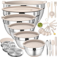 Load image into Gallery viewer, Mixing Bowls with Airtight Lids Set, 26PCS Stainless Steel Khaki Bowls with Grater Attachments, Non-Slip Bottoms & Kitchen Gadgets Set, Size 7, 4, 2.5, 2.0,1.5, 1QT, Great for Mixing & Serving