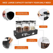 Load image into Gallery viewer, OARSE 3 PCS Glass Coffee Container with Wooden Shelf,3 x 54 oz Glass Coffee Bean Storage Container with Airtight Locking Clamp Lid Spoons Coffee Canister Set,Jars for Coffee Beans,Nuts,Tea,Sugar