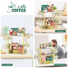 Load image into Gallery viewer, EsLuker.ly Coffee Bar Station Organizer Mug Cup Holder Stand for Countertop, Multi-Functional 2 Tier Mug Tree Rack for Kitchen, Storage Shelf with 12 Hooks, White-Gold