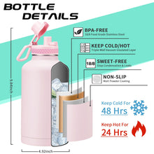 Load image into Gallery viewer, Half Gallon Water-Bottle with Straw - Pop-up Chug Lid (Cold 48H & Hot 24H) 64oz Insulated Water Bottle Flask with Sleeve Strap, Paracord Handle, Bottle Boot, Pink Stainless Steel Metal Water Jug