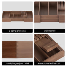 Load image into Gallery viewer, TIOPGHAD Bamboo-Silverware-Drawer-Organizer-Kitchen, Expandable Utensil Holder Cutlery Tray Flatware Organization Adjustable Wood Tableware Dividers Storage (with Removable Knife Block)(Brown)