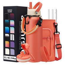 Load image into Gallery viewer, 40 oz Stainless Steel Water Bottles with Straw and Auto Spout Lids, Wide Mouth Metal Thermo Bottles for Gym, Leak Proof & BPA-Free Water Flask Jug with Paracord Handle & Carrier Bag with Strap