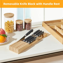 Load image into Gallery viewer, TIOPGHAD Small-Bamboo-Silverware-Drawer-Organizer, Expandable Utensil Kitchen Cutlery Tray Flatware Organization Adjustable Wood Tableware Dividers Storage (with Removable Knife Block)(Natural)