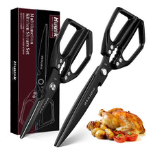 Load image into Gallery viewer, HUUSK Kitchen Scissors Set Black - Upgraded Stainless Steel Kitchen Shear, Sharp Meat Scissors, Heavy Duty Poultry Shears, Japanese Cooking Scissor for Food, Chicken Bones, and Turkey, Dishwasher Safe