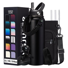 Load image into Gallery viewer, DIGJUPER 40OZ Insulated Water Bottle with Auto Spout Lids, Straw Lids, Paracord Handle for Sport, Protective Cup Mat, BPA-Free Reusable Insulated Water Bottle - Black Water Jug with Straw
