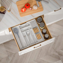 Load image into Gallery viewer, TIOPGHAD Bamboo-Silverware-Drawer-Organizer-Kitchen, Expandable Utensil Holder Cutlery Tray Flatware Organization Adjustable Wood Tableware Dividers Storage (with Removable Knife Block)(White)