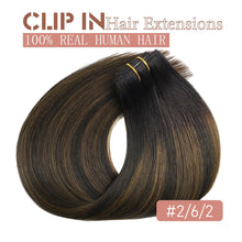 Load image into Gallery viewer, Hair Extensions Real Human Hair Balayage Clip in Hair Extensions Remy Human Hair Dark Brown to Chestnut Brown 18 Inch Straight Hair Extension Clip ins 80g/5pcs Double Weft