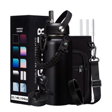Load image into Gallery viewer, 32-40-64OZ Stainless Steel Water Bottle - Black Water Bottle with Straw & Spout Lid, Paracord Handle & Bottle Sleeve, Insulated Vacuum Water Flask Double-Wall Metal Thermo Cup Canteen for Gym School