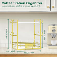 Load image into Gallery viewer, EsLuker.ly Coffee Bar Station Organizer Mug Cup Holder Stand for Countertop, Multi-Functional 2 Tier Mug Tree Rack for Kitchen, Storage Shelf with 12 Hooks, White-Gold