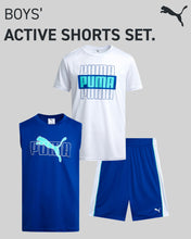 Load image into Gallery viewer, PUMA Boys Active Shorts Set - 3 Piece Performance T-Shirt, Dry Fit Tank Top, and Gym Shorts - Activewear Set for Boys (4-16), Size 8, White/Blue
