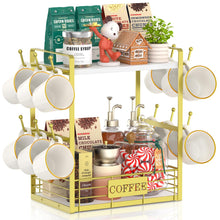 Load image into Gallery viewer, EsLuker.ly Coffee Bar Station Organizer Mug Cup Holder Stand for Countertop, Multi-Functional 2 Tier Mug Tree Rack for Kitchen, Storage Shelf with 12 Hooks, White-Gold