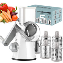 Load image into Gallery viewer, Ourokhome Rotary Cheese Grater Hand Crank, Kitchen Shredder Speed Mandolin Slicer Ice Shaver with Handle and Drum Blades for Cheese, Vegetable, Nuts, Chocolate, Potato, Carrot, 5 Blades, White