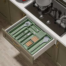 Load image into Gallery viewer, TIOPGHAD Bamboo-Silverware-Drawer-Organizer-Kitchen, Expandable Utensil Holder Cutlery Tray Flatware Organization Adjustable Wood Tableware Dividers Storage (with Removable Knife Block)(Grayish Green)