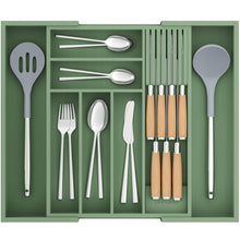 Load image into Gallery viewer, TIOPGHAD Bamboo-Silverware-Drawer-Organizer-Kitchen, Expandable Utensil Holder Cutlery Tray Flatware Organization Adjustable Wood Tableware Dividers Storage (with Removable Knife Block)(Grayish Green)