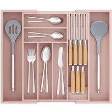 Load image into Gallery viewer, TIOPGHAD Bamboo-Silverware-Drawer-Organizer-Kitchen, Expandable Utensil Holder Cutlery Tray Flatware Organization Adjustable Wood Tableware Dividers Storage (with Removable Knife Block)(Grey Pink)