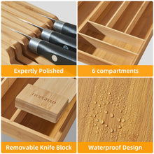 Load image into Gallery viewer, TIOPGHAD Small-Bamboo-Silverware-Drawer-Organizer, Expandable Utensil Kitchen Cutlery Tray Flatware Organization Adjustable Wood Tableware Dividers Storage (with Removable Knife Block)(Natural)
