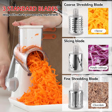 Load image into Gallery viewer, Ourokhome Rotary Cheese Grater Hand Crank, Kitchen Shredder Speed Mandolin Slicer Ice Shaver with Handle and Drum Blades for Cheese, Vegetable, Nuts, Chocolate, Potato, Carrot, 5 Blades, White