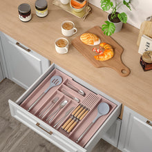 Load image into Gallery viewer, TIOPGHAD Bamboo-Silverware-Drawer-Organizer-Kitchen, Expandable Utensil Holder Cutlery Tray Flatware Organization Adjustable Wood Tableware Dividers Storage (with Removable Knife Block)(Grey Pink)