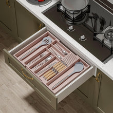 Load image into Gallery viewer, TIOPGHAD Bamboo-Silverware-Drawer-Organizer-Kitchen, Expandable Utensil Holder Cutlery Tray Flatware Organization Adjustable Wood Tableware Dividers Storage (with Removable Knife Block)(Grey Pink)