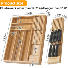 Load image into Gallery viewer, TIOPGHAD Small-Bamboo-Silverware-Drawer-Organizer, Expandable Utensil Kitchen Cutlery Tray Flatware Organization Adjustable Wood Tableware Dividers Storage (with Removable Knife Block)(Natural)