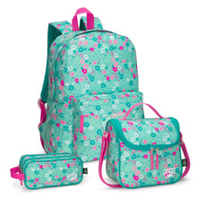 Load image into Gallery viewer, Roots Essential 3-in-1 Matching Water Resistant Kids Backpack and Lunch Bag Set with Bonus Pencil Case - Made from 100% Recycled Fabrics -22.5 litres, Ditsy Floral Mint