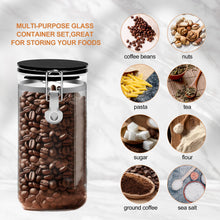 Load image into Gallery viewer, OARSE 3 PCS Glass Coffee Container with Wooden Shelf,3 x 54 oz Glass Coffee Bean Storage Container with Airtight Locking Clamp Lid Spoons Coffee Canister Set,Jars for Coffee Beans,Nuts,Tea,Sugar
