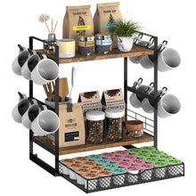 Load image into Gallery viewer, OGEMXU Coffee Station Organizer, 3 Tier Bar Organizer for Countertop, Mug Cup Holder Stand With 12 Hooks and 28 K Cup Storage for Kitchen, Home & Office, Rustic Brown