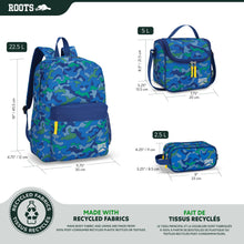 Load image into Gallery viewer, Roots Essential 3-in-1 Matching Water Resistant Kids Backpack and Lunch Bag Set with Bonus Pencil Case - Made from 100% Recycled Fabrics -22.5 litres, Blue Green Camo