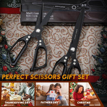 Load image into Gallery viewer, HUUSK Kitchen Scissors Set Black - Upgraded Stainless Steel Kitchen Shear, Sharp Meat Scissors, Heavy Duty Poultry Shears, Japanese Cooking Scissor for Food, Chicken Bones, and Turkey, Dishwasher Safe